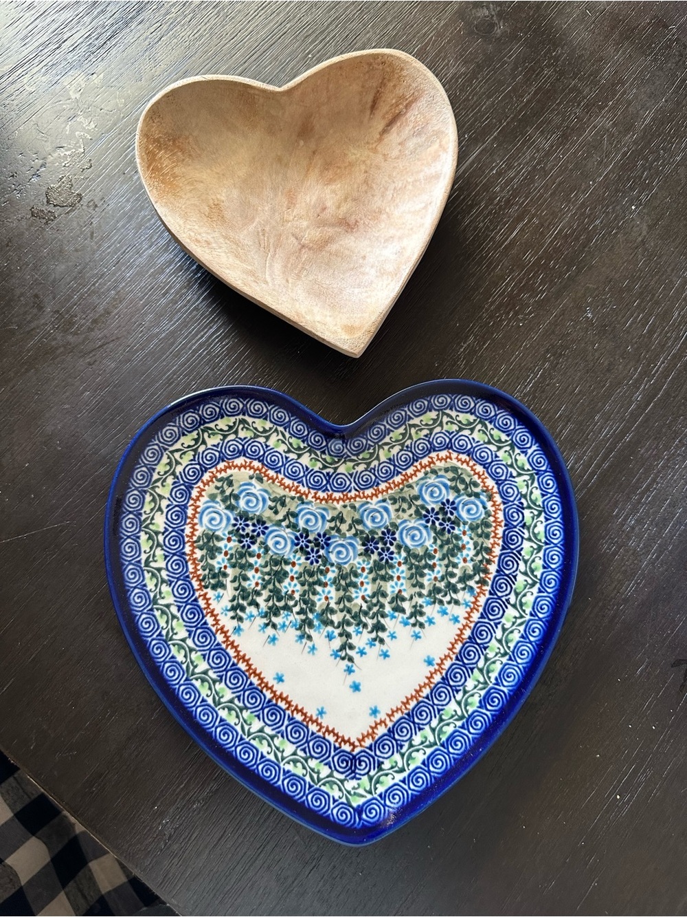 Hand-Painted Blue Heart Ceramic & a wood heart shape plates- Decorative Home Art